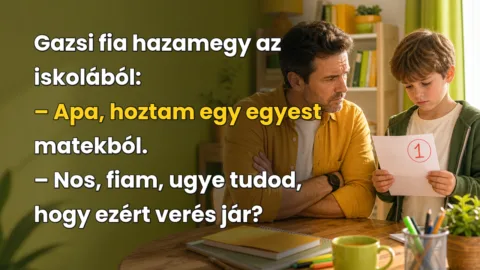 Gazsi fia hazamegy az iskolából: – Apa, hoztam egy egyest matekból. – Nos, fiam, ugye tudod, hogy ezért verés jár?