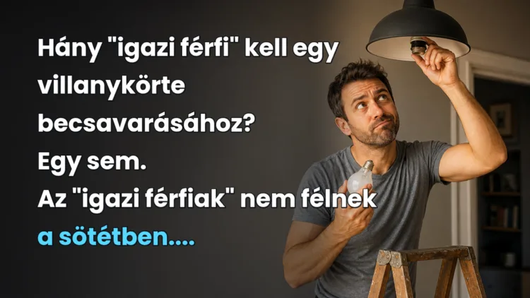 Vicc: Hány "igazi férfi" kell egy villanykörte becsavarásához? Hány "igazi férfi" kell egy villanykörte becsavarásához? Egy sem. Az "igazi férfiak" nem félnek a sötétben....