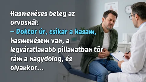 Hasmenéses beteg az orvosnál: – Doktor úr, csikar a hasam, hasmenésem van, a legváratlanabb pillanatban tör rám a nagydolog, és olyankor...