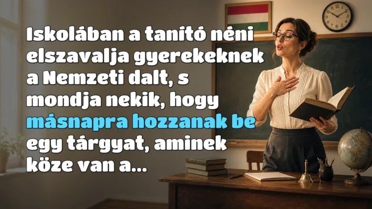 Vicc: Iskolában a tanító néni elszavalja gyerekeknek a Nemzeti dalt... Iskolában a tanító néni elszavalja gyerekeknek a Nemzeti dalt, s mondja nekik, hogy másnapra hozzanak be egy tárgyat, aminek köze van a...