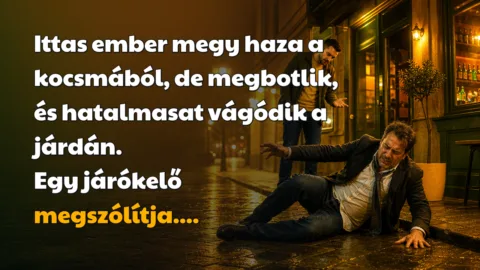 Ittas ember megy haza a kocsmából, de megbotlik, és hatalmasat vágódik a járdán. Egy járókelő megszólítja....