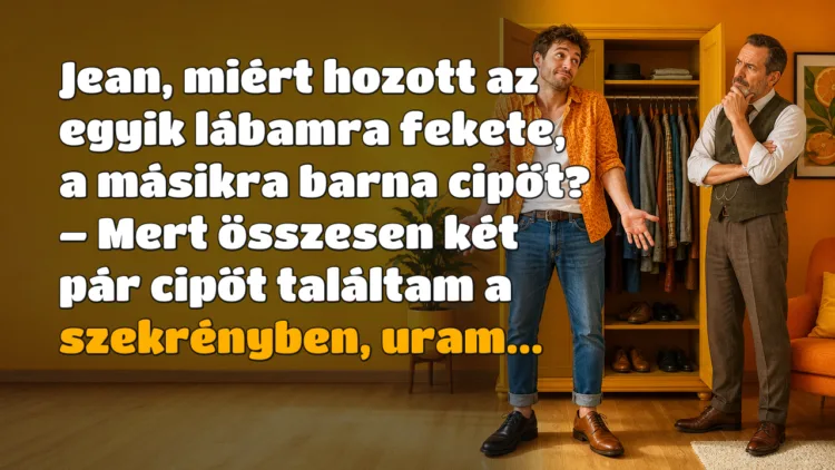 Vicc: Jean, miért hozott az egyik lábamra fekete, a másikra barna cipőt? Jean, miért hozott az egyik lábamra fekete, a másikra barna cipőt? – Mert összesen két pár cipőt találtam a szekrényben, uram...