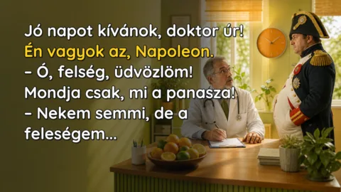 Jó napot kívánok, doktor úr! Én vagyok az, Napoleon. – Ó, felség, üdvözlöm! Mondja csak, mi a panasza! – Nekem semmi, de a feleségem...