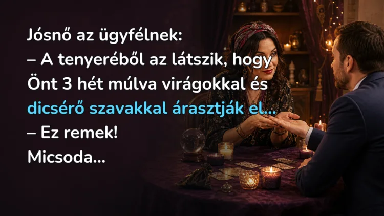 Vicc: Jósnő az ügyfélnek... Jósnő az ügyfélnek: – A tenyeréből az látszik, hogy Önt 3 hét múlva virágokkal és dicsérő szavakkal árasztják el... – Ez remek! Micsoda...