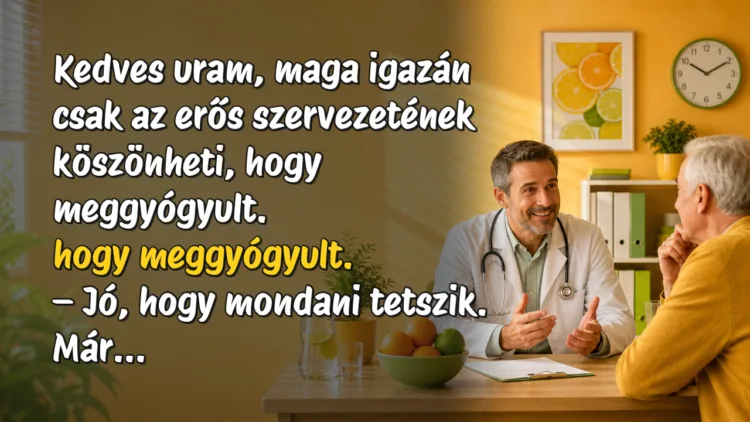 Vicc: Kedves uram, maga igazán csak az erős szervezetének köszönheti... Kedves uram, maga igazán csak az erős szervezetének köszönheti, hogy meggyógyult. hogy meggyógyult. – Jó, hogy mondani tetszik. Már...