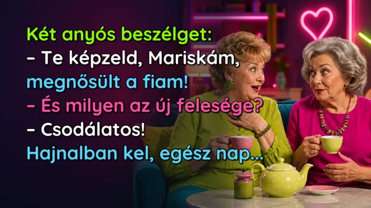 Vicc: Két anyós beszélget... Két anyós beszélget: – Te képzeld, Mariskám, megnősült a fiam! – És milyen az új felesége? – Csodálatos! Hajnalban kel, egész nap...