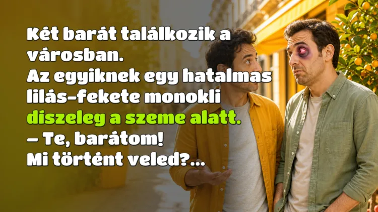Vicc: Két barát találkozik a városban. Az egyiknek egy hatalmas... Két barát találkozik a városban. Az egyiknek egy hatalmas lilás-fekete monokli díszeleg a szeme alatt. – Te, barátom! Mi történt veled?...