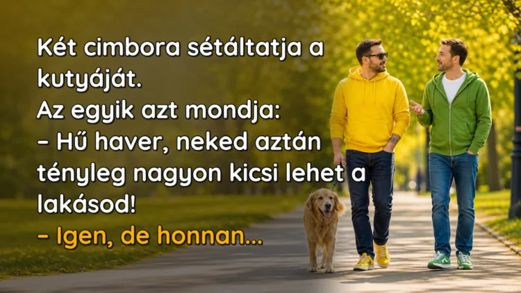 Vicc: Két cimbora sétáltatja a kutyáját. Az egyik azt mondja... Két cimbora sétáltatja a kutyáját. Az egyik azt mondja: – Hű haver, neked aztán tényleg nagyon kicsi lehet a lakásod! – Igen, de honnan...