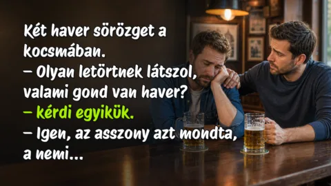 Két haver sörözget a kocsmában. – Olyan letörtnek látszol, valami gond van haver? – kérdi egyikük. – Igen, az asszony azt mondta, a nemi...