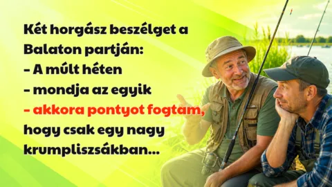 Két horgász beszélget a Balaton partján: – A múlt héten – mondja az egyik – akkora pontyot fogtam, hogy csak egy nagy krumpliszsákban...