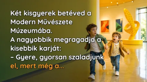 Két kisgyerek betéved a Modern Művészete Múzeumába. A nagyobbik megragadja a kisebbik karját: – Gyere, gyorsan szaladjunk el, mert még a...