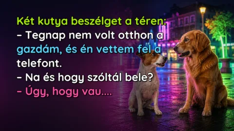 Két kutya beszélget a téren: – Tegnap nem volt otthon a gazdám, és én vettem fel a telefont. – Na és hogy szóltál bele? – Úgy, hogy vau....