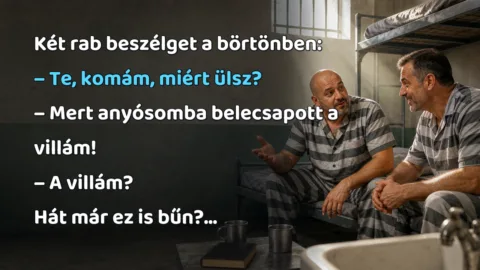 Két rab beszélget a börtönben: – Te, komám, miért ülsz? – Mert anyósomba belecsapott a villám! – A villám? Hát már ez is bűn?...