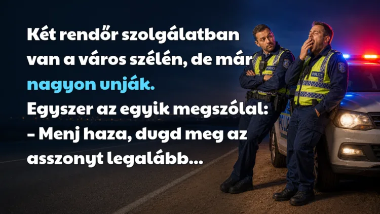 Vicc: Két rendőr szolgálatban van a város szélén, de már nagyon unják... Két rendőr szolgálatban van a város szélén, de már nagyon unják. Egyszer az egyik megszólal: – Menj haza, dugd meg az asszonyt legalább...