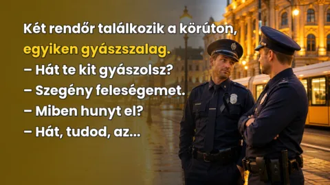 Két rendőr találkozik a körúton, egyiken gyászszalag. – Hát te kit gyászolsz? – Szegény feleségemet. – Miben hunyt el? – Hát, tudod, az...