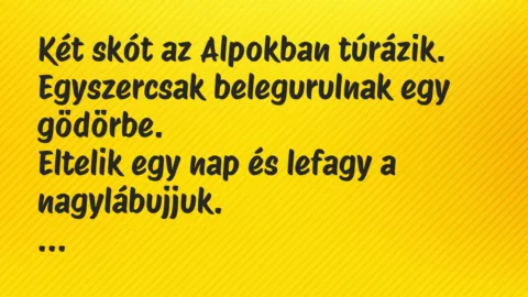 Vicc: Két skót az Alpokban túrázik. Egyszercsak belegurulnak egy gödörbe…