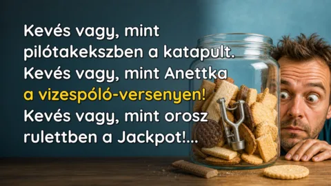 Kevés vagy, mint pilótakekszben a katapult. Kevés vagy, mint Anettka a vizespóló-versenyen! Kevés vagy, mint orosz rulettben a Jackpot!...