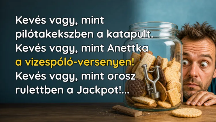 Vicc: Kevés vagy, mint pilótakekszben a katapult... Kevés vagy, mint pilótakekszben a katapult. Kevés vagy, mint Anettka a vizespóló-versenyen! Kevés vagy, mint orosz rulettben a Jackpot!...