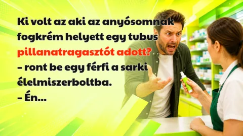 Ki volt az aki az anyósomnak fogkrém helyett egy tubus pillanatragasztót adott? – ront be egy férfi a sarki élelmiszerboltba. – Én...