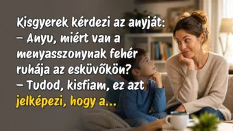 Vicc: Kisgyerek kérdezi az anyját... Kisgyerek kérdezi az anyját: – Anyu, miért van a menyasszonynak fehér ruhája az esküvőkön? – Tudod, kisfiam, ez azt jelképezi, hogy a...