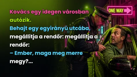 Kovács egy idegen városban autózik. Behajt egy egyirányú utcába, megállítja a rendőr: megállítja a rendőr: – Ember, maga meg merre megy?...