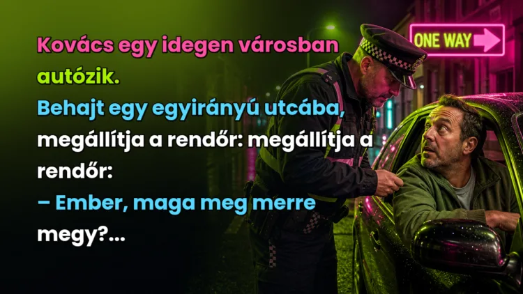 Vicc: Kovács egy idegen városban autózik. Behajt egy egyirányú utcába... Kovács egy idegen városban autózik. Behajt egy egyirányú utcába, megállítja a rendőr: megállítja a rendőr: – Ember, maga meg merre megy?...