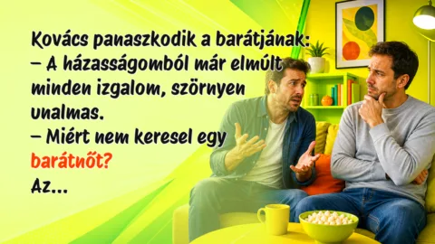 Kovács panaszkodik a barátjának: – A házasságomból már elmúlt minden izgalom, szörnyen unalmas. – Miért nem keresel egy barátnőt? Az...