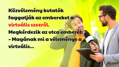 Közvélemény kutatók faggatják az embereket a virtuális szexről. Megkérdezik az utca emberét: – Magának mi a véleménye a virtuális...