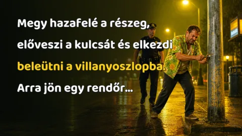 Megy hazafelé a részeg, előveszi a kulcsát és elkezdi beleütni a villanyoszlopba. Arra jön egy rendőr...