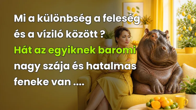 Vicc: Mi a különbség a feleség és a víziló között... Mi a különbség a feleség és a víziló között ? Hát az egyiknek baromi nagy szája és hatalmas feneke van ....