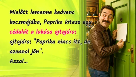 Mielőtt lemenne kedvenc kocsmájába, Paprika kitesz egy cédulát a lakása ajtajára: ajtajára: "Paprika nincs itt, de azonnal jön". Azzal...