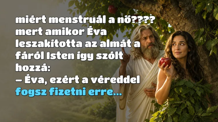 Vicc: miért menstruál a nő???? miért menstruál a nő???? mert amikor Éva leszakította az almát a fáról Isten így szólt hozzá: – Éva, ezért a véreddel fogsz fizetni erre...