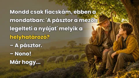 Mondd csak fiacskám, ebben a mondatban: 'A pásztor a mezőn legelteti a nyájat' melyik a helyhatározó? – A pásztor. – Nono! Már hogy...
