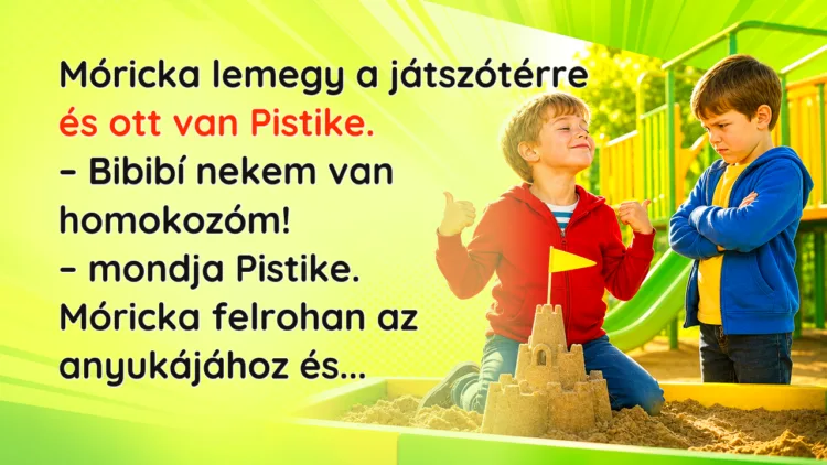 Vicc: Móricka lemegy a játszótérre és ott van Pistike... Móricka lemegy a játszótérre és ott van Pistike. – Bibibí nekem van homokozóm! – mondja Pistike. Móricka felrohan az anyukájához és...