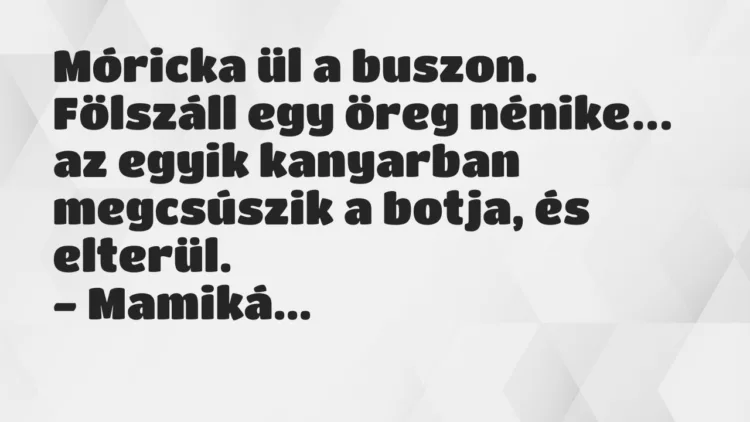 Vicc: Móricka ül a buszon. Fölszáll egy öreg nénike, az egyik kanyarban… Vicc: Móricka ül a buszon. Fölszáll egy öreg nénike, az egyik kanyarban…