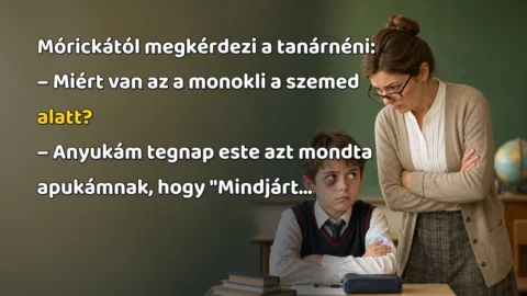 Mórickától megkérdezi a tanárnéni: – Miért van az a monokli a szemed alatt? – Anyukám tegnap este azt mondta apukámnak, hogy "Mindjárt...