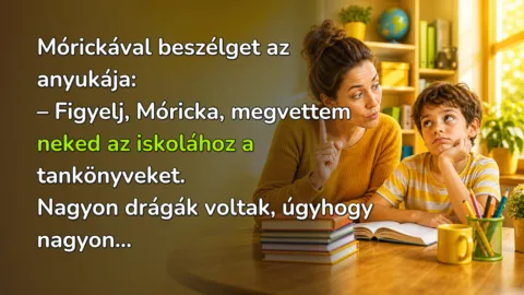 Mórickával beszélget az anyukája: – Figyelj, Móricka, megvettem neked az iskolához a tankönyveket. Nagyon drágák voltak, úgyhogy nagyon...