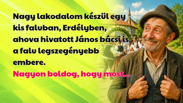 Vicc: Nagy lakodalom készül egy kis faluban, Erdélyben, ahova hivatott János... Nagy lakodalom készül egy kis faluban, Erdélyben, ahova hivatott János bácsi is, a falu legszegényebb embere. Nagyon boldog, hogy most...