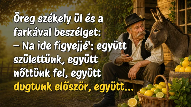 Vicc: Öreg székely ül és a farkával beszélget... Öreg székely ül és a farkával beszélget: – Na ide figyejjé': együtt születtünk, együtt nőttünk fel, együtt dugtunk először, együtt...