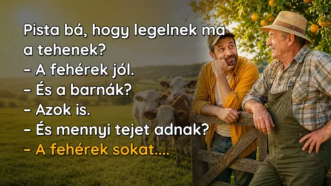 Pista bá, hogy legelnek ma a tehenek? – A fehérek jól. – És a barnák? – Azok is. – És mennyi tejet adnak? – A fehérek sokat....