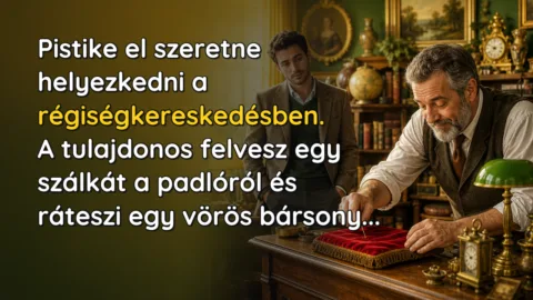 Pistike el szeretne helyezkedni a régiségkereskedésben. A tulajdonos felvesz egy szálkát a padlóról és ráteszi egy vörös bársony...