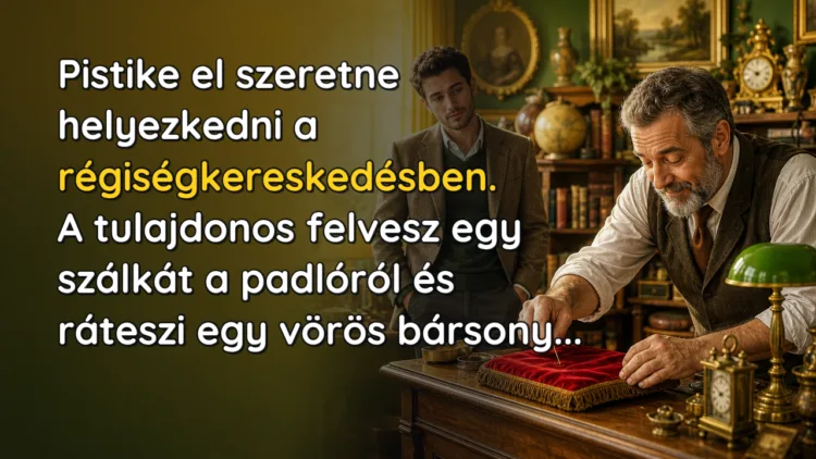 Vicc: Pistike el szeretne helyezkedni a régiségkereskedésben... Pistike el szeretne helyezkedni a régiségkereskedésben. A tulajdonos felvesz egy szálkát a padlóról és ráteszi egy vörös bársony...