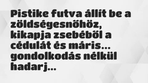 Vicc: Pistike futva állít be a zöldségesnőhöz, kikapja zsebéből a cédulát…