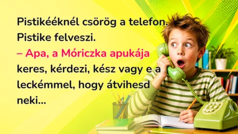 Pistikééknél csörög a telefon. Pistike felveszi. – Apa, a Móriczka apukája keres, kérdezi, kész vagy e a leckémmel, hogy átvihesd neki...