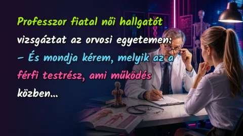 Professzor fiatal női hallgatót vizsgáztat az orvosi egyetemen: – És mondja kérem, melyik az a férfi testrész, ami működés közben...