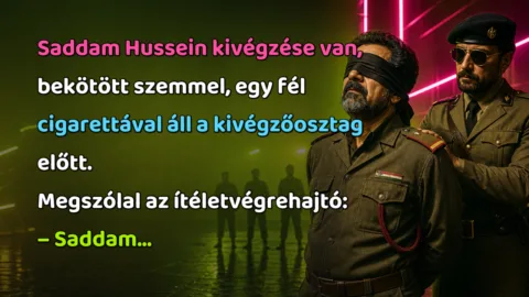 Saddam Hussein kivégzése van, bekötött szemmel, egy fél cigarettával áll a kivégzőosztag előtt. Megszólal az ítéletvégrehajtó: – Saddam...