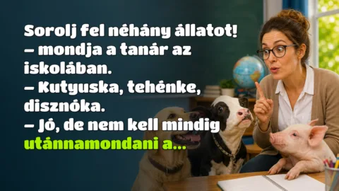 Sorolj fel néhány állatot! – mondja a tanár az iskolában. – Kutyuska, tehénke, disznóka. – Jó, de nem kell mindig utánnamondani a...