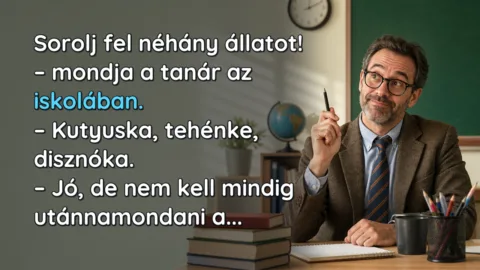 Sorolj fel néhány állatot! – mondja a tanár az iskolában. – Kutyuska, tehénke, disznóka. – Jó, de nem kell mindig utánnamondani a...