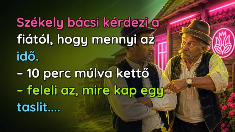 Vicc: Székely bácsi kérdezi a fiától, hogy mennyi az idő... Székely bácsi kérdezi a fiától, hogy mennyi az idő. – 10 perc múlva kettő – feleli az, mire kap egy taslit....