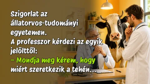 Szigorlat az állatorvos-tudományi egyetemen. A professzor kérdezi az egyik jelölttől: – Mondja meg kérem, hogy miért szeretkezik a tehén...
